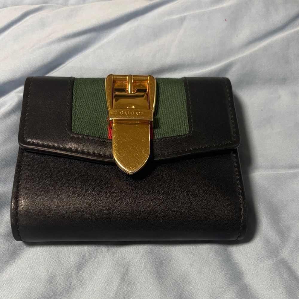 Gucci Black Wallet with Gold Clasp and Green Detail